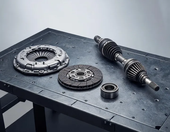 Exedy clutch kit, clutch disc, release bearing and CV joint axle on a transmission workbench