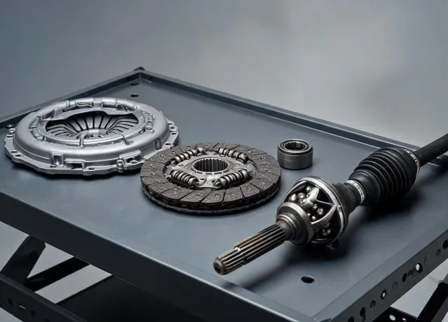 Transmission workbench with clutch kit and driveline parts for channel support